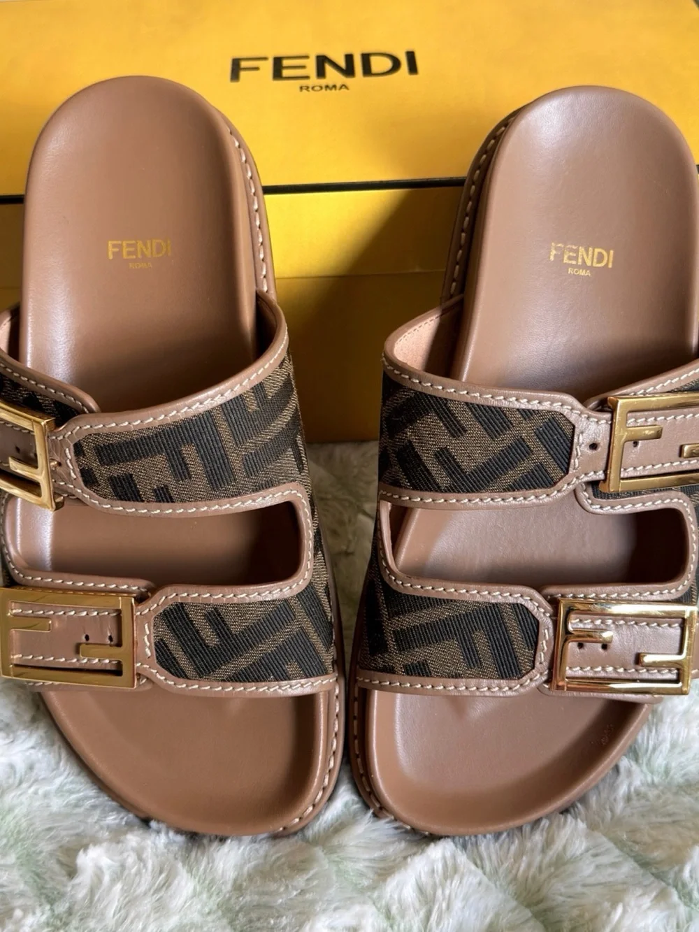 Fendi Women’s Brown FF Logo Double-Strap Sandals